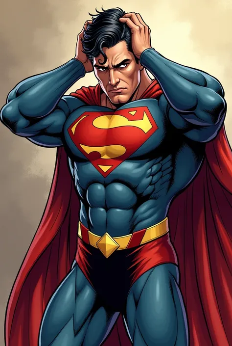 Superman stylized character, comics, Very detailed, 8k,holding my head、Troubled appearance、Troubled face、Holding his head