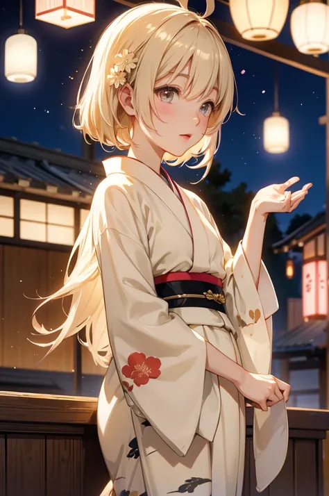 Takanashi hoshino kimono firework night, beige colored hair ,