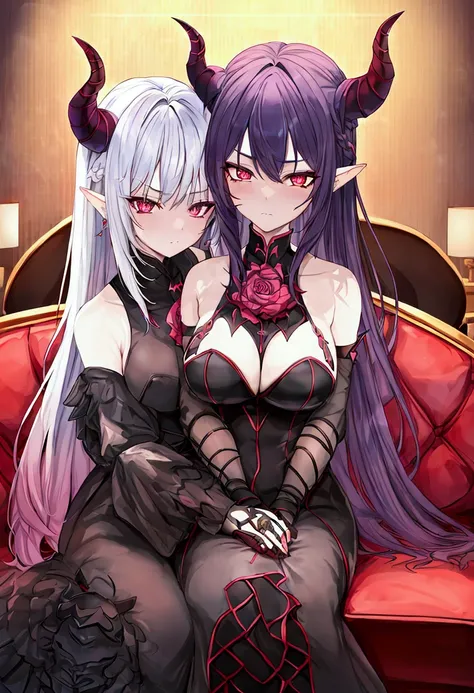 (2 demon girl), (beatiful eyes finely detailded, pay attention to details, two-tone hair color, has horns), (whole body:0.8), armored knight, dismissive facial expression, hugging each other, sitting not sofa, night time, work of art, Maximum quality, deta...