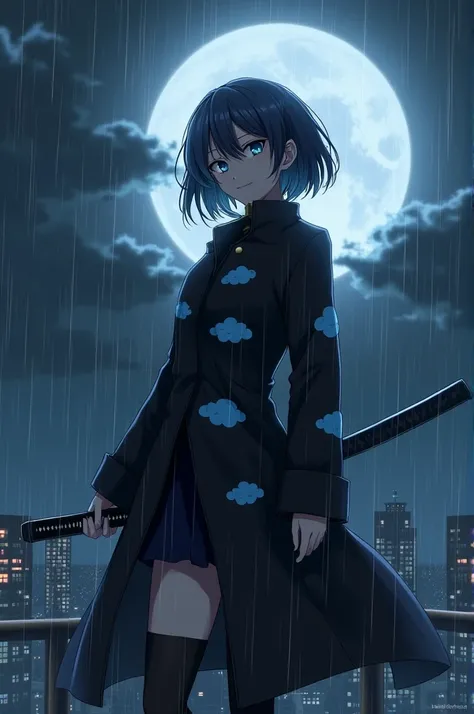 create an image of an anime girl on top of a building sitting under a full moon and heavy rain, she has short curly hair that hides her ears, a black coat with five blue clouds printed on it, a pair of stockings that cover all her legs and a sadistic smile...