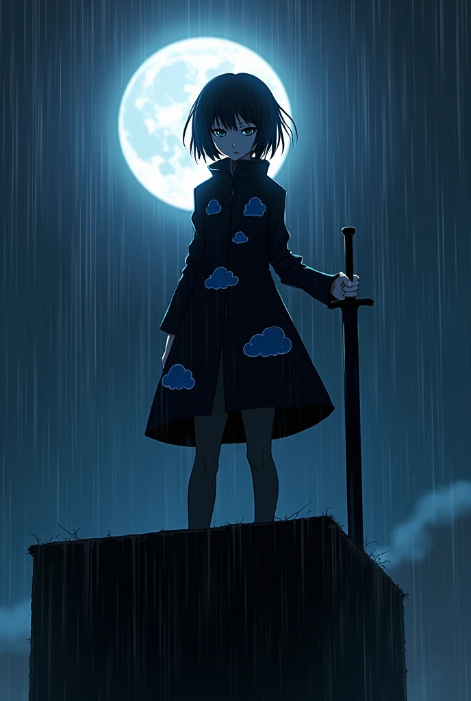 create an image of an anime girl on top of a building sitting under a full moon and heavy rain, she has short curly hair that hides her ears, a black coat with five blue clouds printed on it, a pair of stockings that cover all her legs and sadistic eyes on...