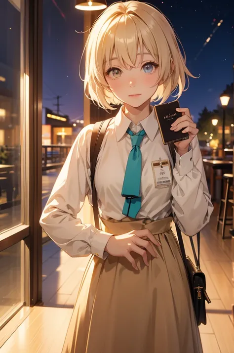 Takanashi hoshino night in cafe, beige colored hair ,short hair