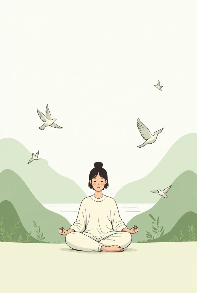 Create a minimalist drawing image of a person meditating amidst nature and birds.