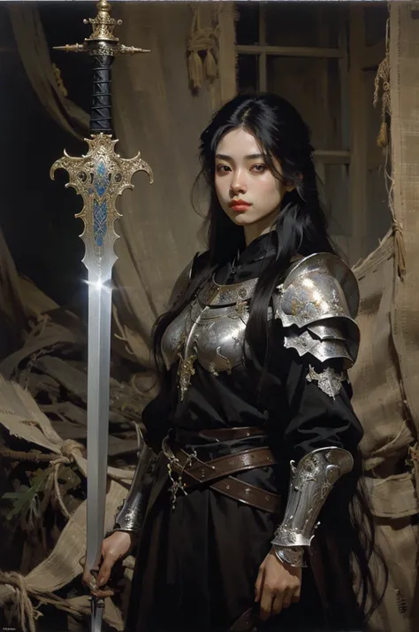 An oil painting of an asian white woman with dark long hair holding a sword wearing a metal armor