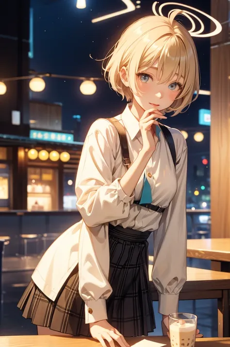 Takanashi hoshino night in cafe, beige colored hair ,short hair