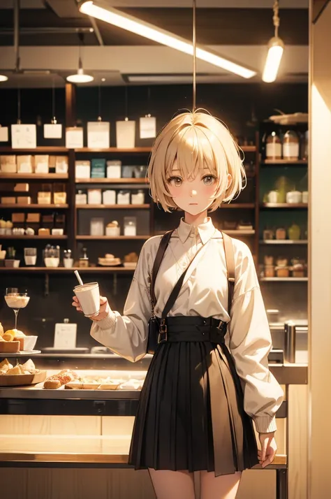 Takanashi hoshino sweater outfit night in cafe, beige colored hair ,short hair