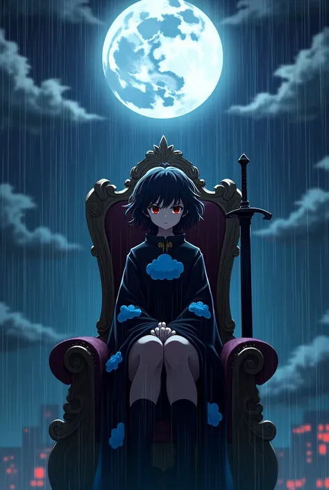 create an image of an anime girl on top of a building sitting in a throne under a full moon and heavy rain, she has short curly hair that hides her ears, a black coat with three blue clouds printed on it, a pair of stockings that cover all her legs and sad...