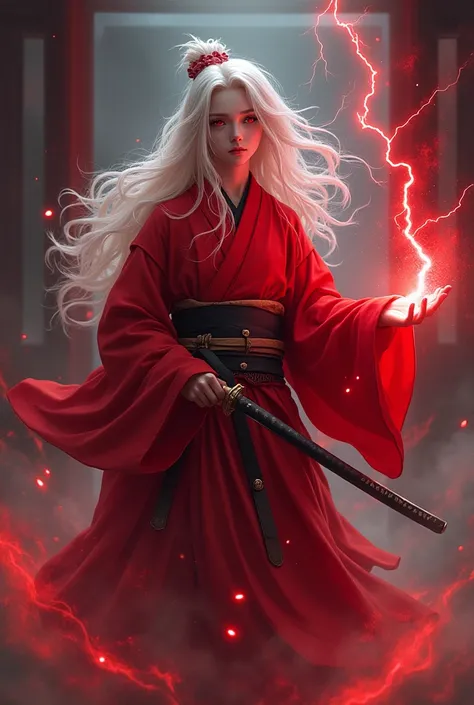 A teenager with long white hair , red eyes and dressed in a red Japanese kimono that covers her entire body , with a sword at his waist and with red thunder powers in the palm of his hand 

