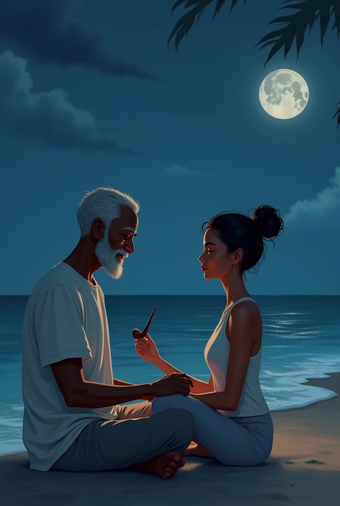 a brown woman, with a bun and highlights in her hair, of coasts sitting meditating, the night, with an ELDERLY black grandfather by his side, shorth hair, in a white shirt and pants, pipe, with his hand on her shoulder guiding her