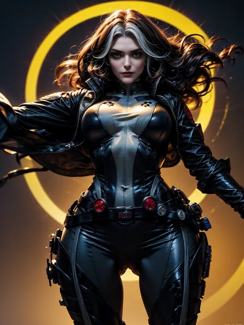 Rachel Weisz、masterpiece、High quality 4K、villain (X-Men)、Gothic Girl、Sculpted Body Gothic Makeup、Black jacket、Red and blue bodysuit、masterpiece、Highest quality、Cowboy Shots、One personの女の子、One person、Technology Military Bodysuit、fringe