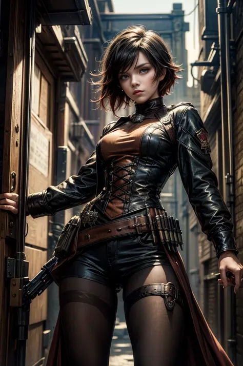 (masterpiece, best quality:1.2), cowboy shot, solo, dynamic pose, 1girl, ruby rose, looking at viewer, military uniform,  pantyhose, in steampunk city street