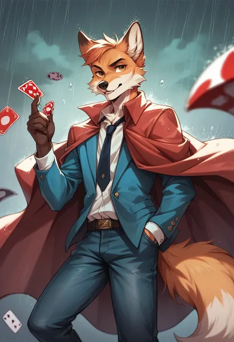 
Realistic anthropomorphic fox under a rain of banknotes with casino chips in hand and poker cards, dressed in a cape and black jeans