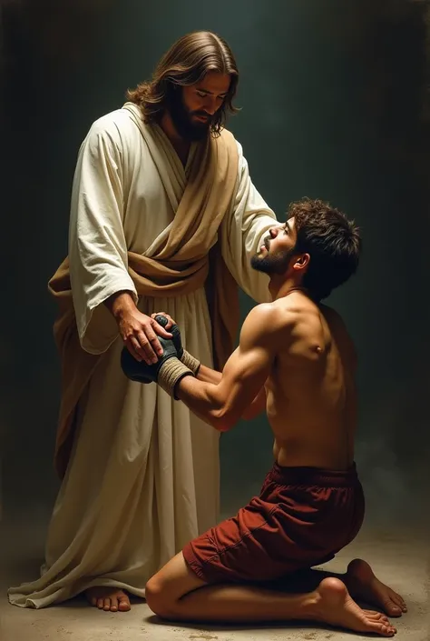 Jesus qui encourage et qui relève un boxeur qui perd un combat 