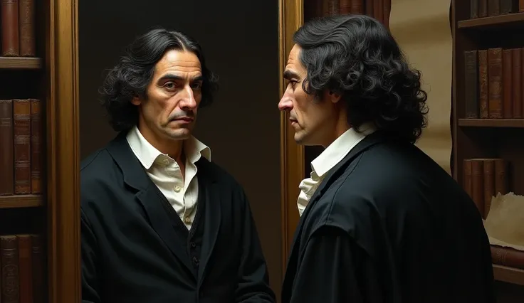 Renê Descartes looking at himself in the mirror