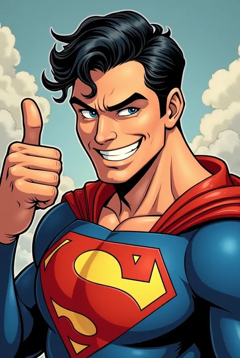 Superman stylized character, comics, Very detailed, 8k,Teeth are visible、smile、Looks like theyre having fun、Thumbs up pose、One eye closed