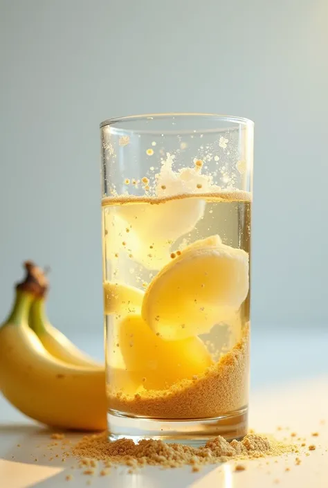 Create an image of a glass with a mixture of banana and water but that is a little transparent. The mixture could be ground or crushed. 
