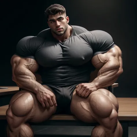 a very handsome young man, big eyes, wearing a gray shirt, exaggeratedly muscular, exaggeratedly huge muscles, with a massively large bulge, exaggeratedly huge bulge, sitting in front of an interrogation table, on a black background