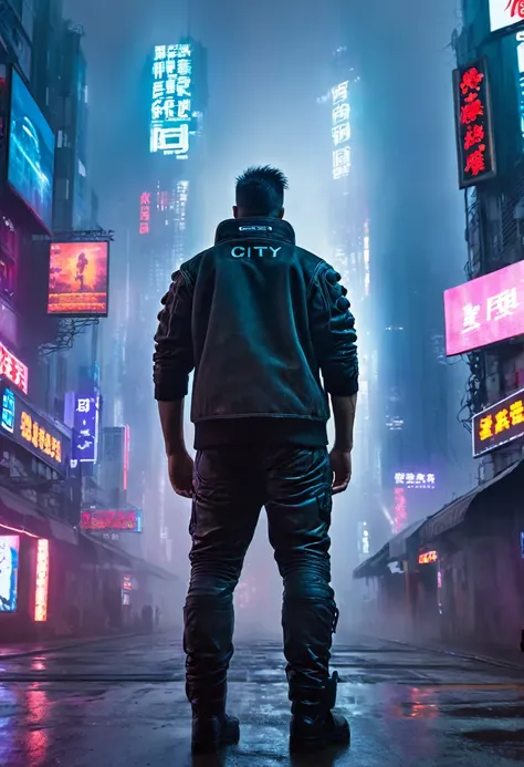 masterpiece, best quality, 1man, alone in the middle of city, background is a cyberpunk city, head looking up, there is a big bi...