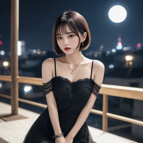 ((Highest quality))、(masterpiece:1.3)、(Best image quality)、(Highest Resolution)、sharp、devil princess、(Perfect Body Beauty:1.3)、(Black Dress:1.3)、(Night view:1.6)、(Lock:1.3)、Highly detailed face and skin texture、Small face、(short hair)、(Cute Woman:1.3)、(Be ...