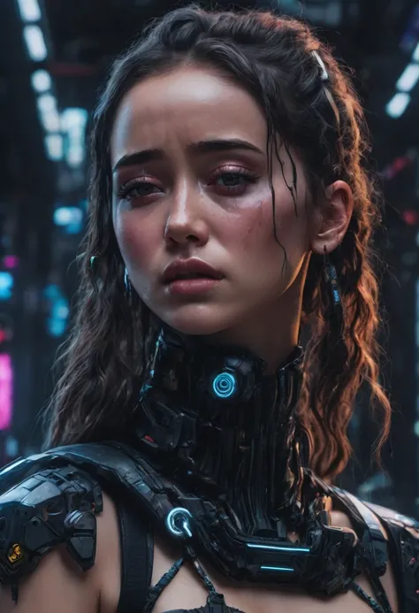 a closeup of a woman (((Alycia Jasmin Debnam-Carey))) naked with a tattoo on her arm, A black line painted across his eyes like in The 100. , cyberpunk beautiful girl, beautiful cyberpunk girl face, cyberpunk dreamy girl, Ultra-realistic 8K cyberpunk art, ...