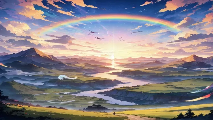 anime、デジタルanimeアート、Flat Design,(masterpiece:1.2)、high quality、High resolution、Very detailed、(Amazingly absurd:1.2)、break,Bird with rainbow feathers、Colorful background、Beautiful light effect、Wonderful landscape