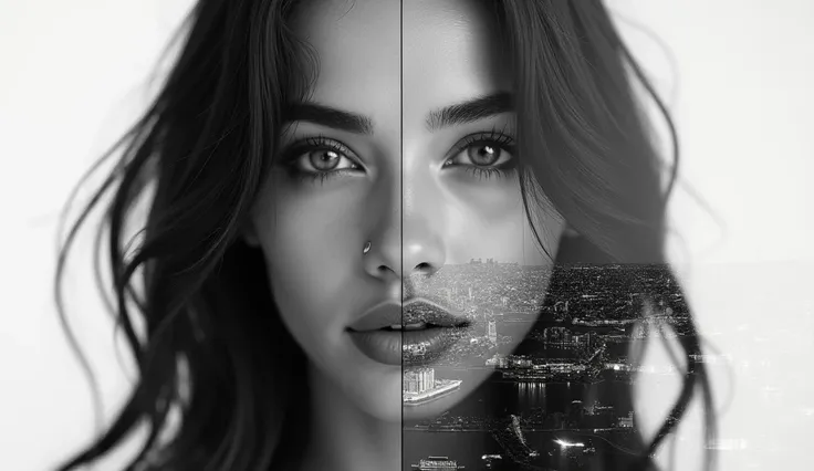 double exposure of a beautiful womans face looks straight in the camera, her skin is absolute clear and wonderful her hair black, the second part of the image is a large city, put the images together with a stroke in the middle, black and white photography...