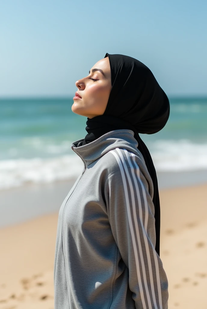 with black headscarf, Woman in grey tracksuit sunbathing on the beach