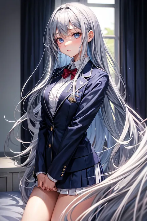 Silver long hair。Blue Eyes。Mysterious look。high school girl。Wearing a navy blue blazer uniform