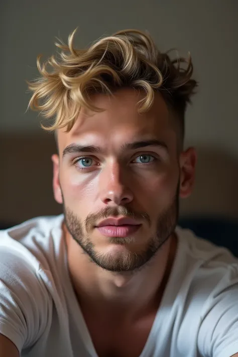 homme de 23 ans, beau, Aaron Paul (coupe de cheveux blonde foncée, bonne mâchoire, De grands yeux sombres, bien construit, ajuster,) selfie assis sur le canapé