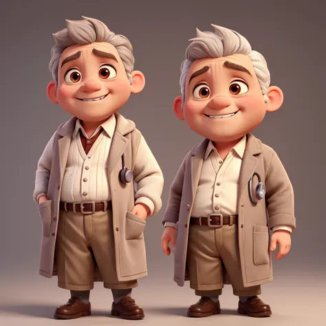 grining old little doctor, a little overweight, remake to disney persona, no beard, big ears, brown eyebrown, grey hair, white coat, stethoscope, grin, grey hair, hair little to side, low eyebrown, low eyes, 85 kg, little eyebrown, half-closed eyes