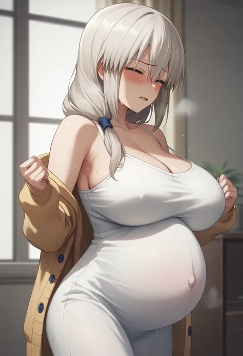 Huge breasts、blush、Sweat、In the heat、Long white hair、Braiding、uzaki_fortune、
{Highest quality}, {so beautiful}, {Very detailed}, {Best illustrations},Life、slim:1.5、Camisole long maxi dress(tight)、cardigan、Are standing、Pregnant women:2