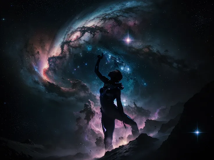 A stunningly intricate silhouette against a cosmic backdrop, the fabled nebula navigator stands out in a macro photograph. This image captures a painting-like scene, showcasing the navigators sleek curves and intricate details in vivid detail. Splashes of ...