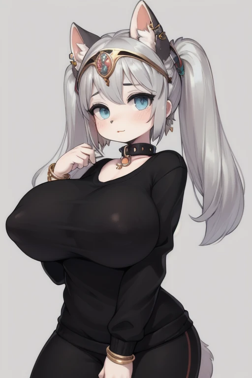 girl, Colossal, Twin Tails, silver haired, sweatshirt, Vintage Gothic, pose, comely, 正面, high qulity, collar, circlet, bracelet, huge tits earrings1.4 