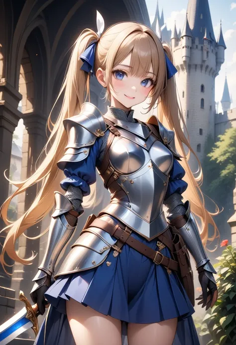 ((masterpiece,Highest quality:1.3,Highest qualityのイラスト)),Realistic,Cowboy Shot,1 Female,Female Knight、(25 year old beauty),((very small head:1.4)),((Ideal body proportions:1.3)),Blonde,Twin tails,Straight Long Hair,bangs,Gorgeous eyes,blue eyes,smile,(knig...