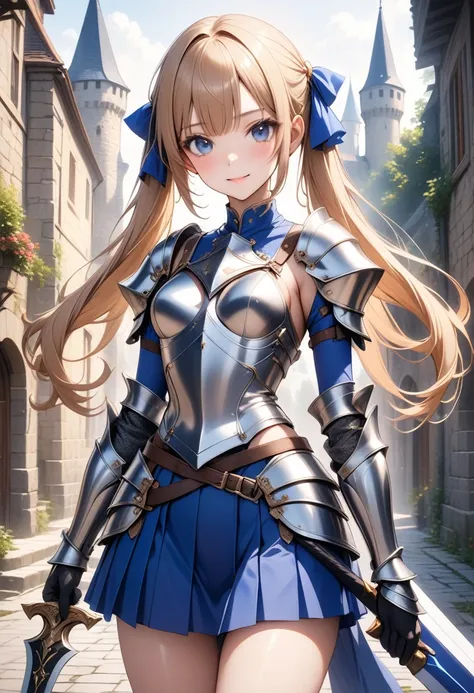 ((masterpiece,Highest quality:1.3,Highest qualityのイラスト)),Realistic,Cowboy Shot,1 Female,Female Knight、(25 year old beauty),((very small head:1.4)),((Ideal body proportions:1.3)),Blonde,Twin tails,Straight Long Hair,bangs,Gorgeous eyes,blue eyes,smile,(knig...