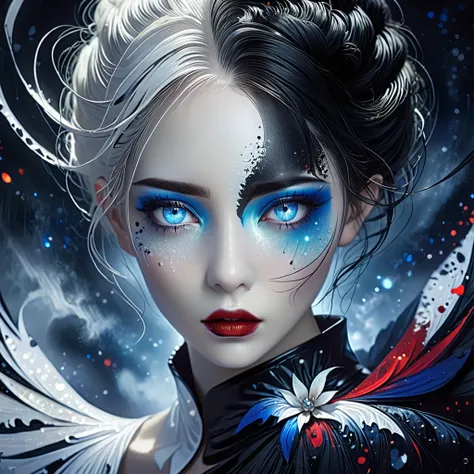 ((masterpiece)), Surreal, Portrait of a beautiful white skinned vampire (Black enamel), Heavy makeup, Bright Blue Eyes, In a dark and gloomy environment. (Prompt is in Portuguese)