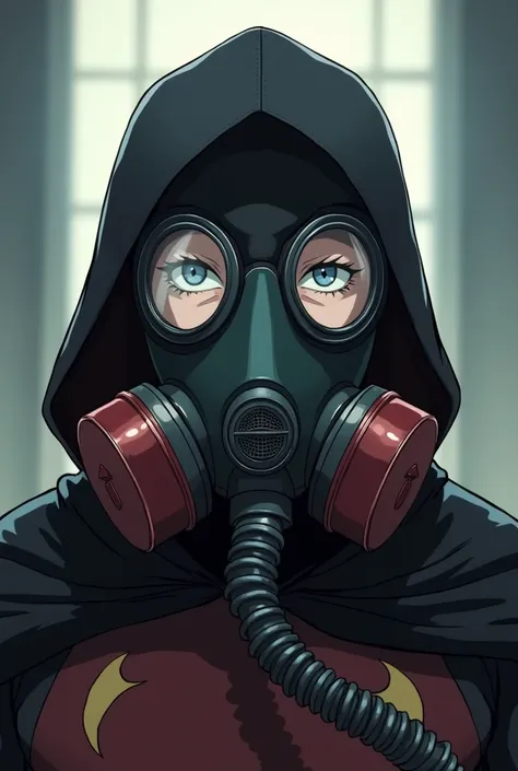 Superhero wearing gas mask, in anime.