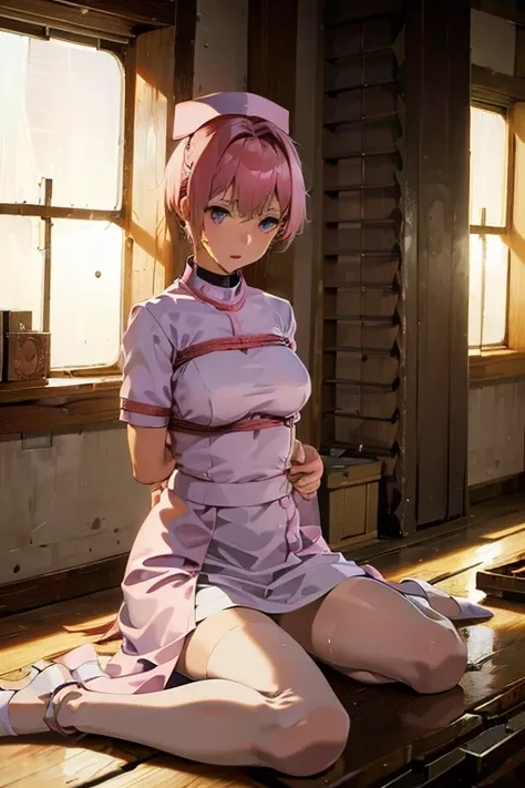 (Highest quality, 4K, 8k, High resolution, masterpiece:1.2), Very detailed, Picturesque, Anime style photo, Photo Anime:1.37)、Sultry warehouse、Japanese、(Pink pixie cut)、girl、Big Breasts、(Nurse uniform)、Constraints、Rope both wrists、Sweaty skin、Sweaty hair、w...