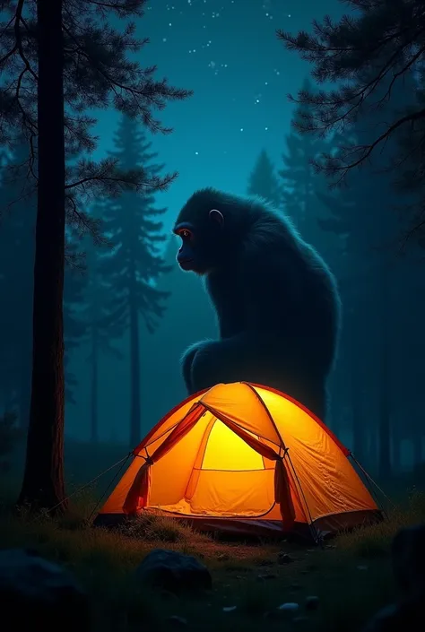 Picture of a tent at night and the tent is being watched by a mysterious creature. (giant monkey) more horror