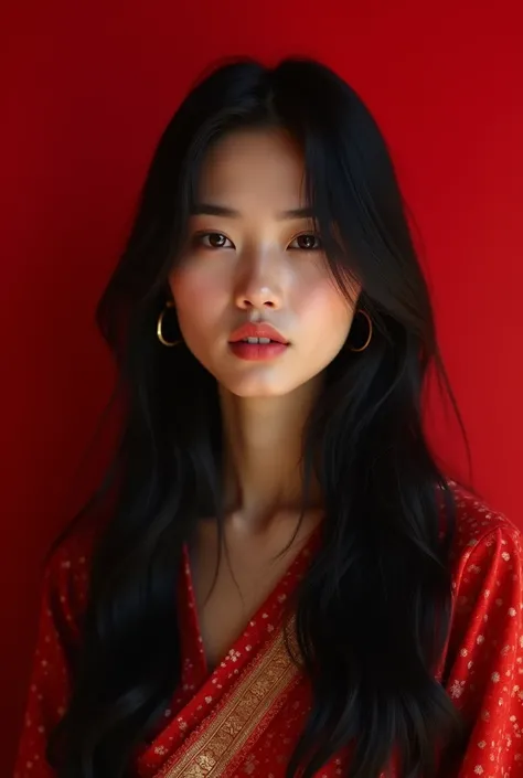 "masterpiece, ultra-realistic, 20 years old, 8k, hd, Sweet beautiful girl Indonesia, black hair, very long hair, straight hair, closed mouth, girl, detailed front face, Very beautiful womans face, java traditional dress, red background, looking to viewer, ...