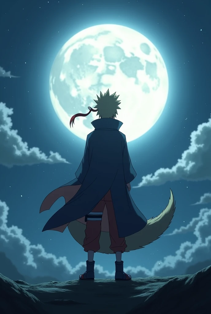 Boruto grows a tail from the 9-tailed fox and is in front of a moon