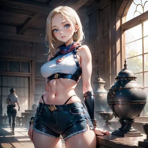 Anime Kawaii sexy Perfect Slim sensual body large breast and huge thighs, An intricate and highly detailed illustration of anime (Young girl)  Steppiece, best qualityer, ultra detali, absurdrez, Portrait of the cute android18DB, lifelike face, standing alo...