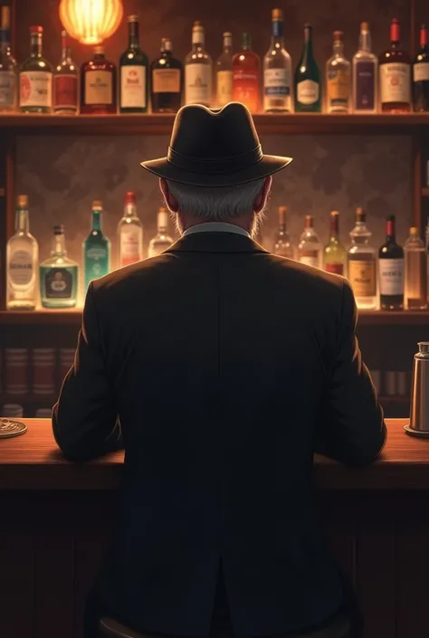 His hat is pulled down so his face is not visible、Back view、Elderly、gentleman、End-of-place bar、Sitting at the counter、