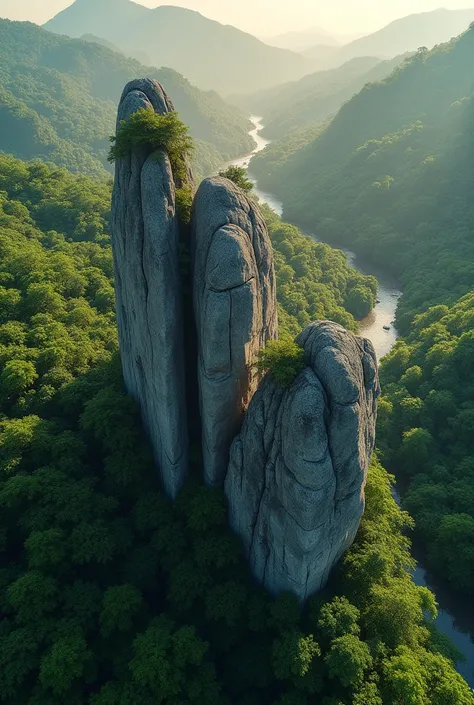 Picture of the Three Whale Rock in Bueng Kan Province, top view surrounded by forest.