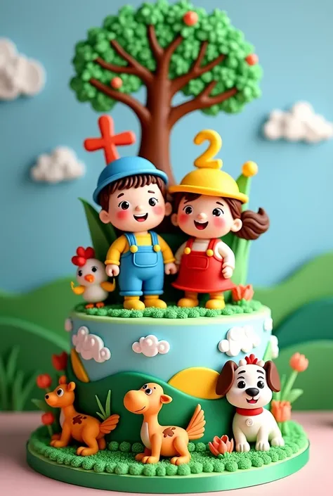 Birthday cake for a 2 year old child with a theme of patati patata and farm, chicken, cow, fish, tree, dog and Jesus God