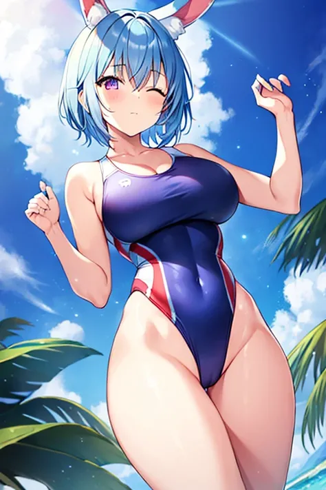 1girl, rabbit ears, animal ear fluff, ((animal ear fluff)), light blue hair, blue hair, very short hair, pixie cut, purple eyes, one eye closed, large breasts, thick thighs, hourglass figure, light smile, one-piece swimsuit, competition swimsuit, bare legs...