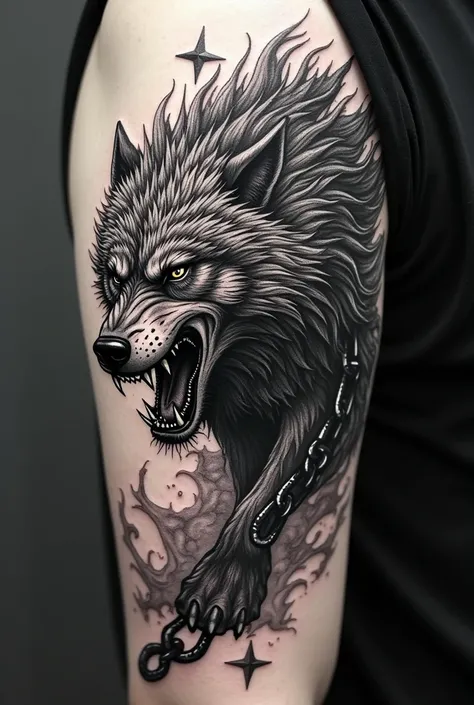 Create a pointillism tattoo pointillism pointillism of Fenrir the wolf on the side in black and white black and white with chains with dog animal body