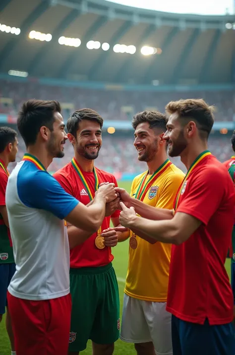 An image showing athletes from different countries greeting each other and exchanging medals