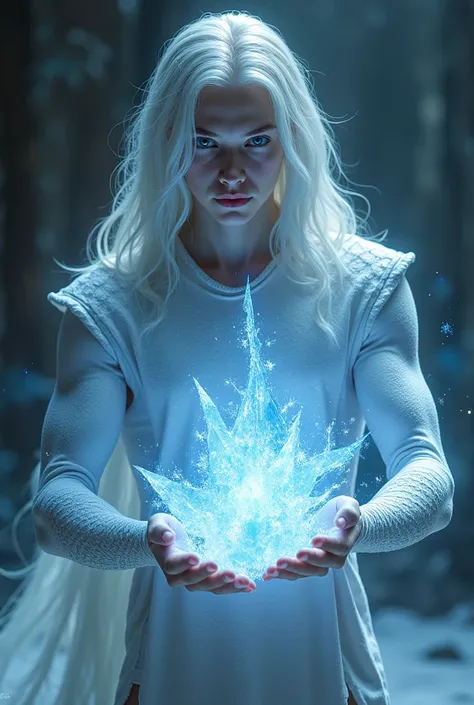 A young white-skinned man/Silver, with long white hair, blue eyes, with scales on his arms and chest, launching a beam of ice from his hands