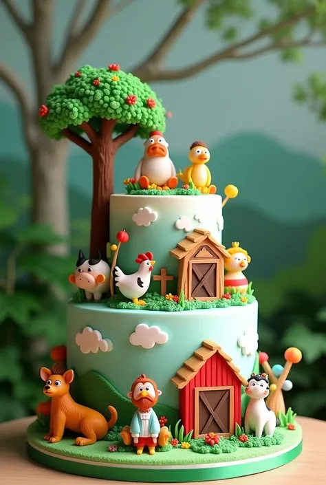 Exclusive birthday cake for a 2 year old child with a farm theme; chicken cow fish tree dog and jesus God and clown 